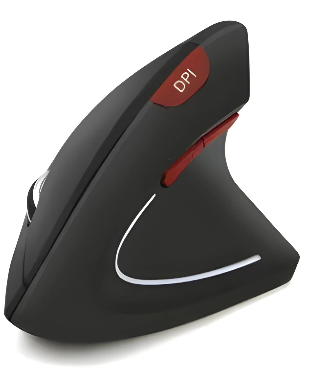 Wired black optical mouse with ergonomic handheld shape, six buttons, four-way scroll wheel, and USB cable on a desk