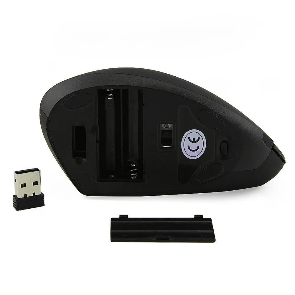 Wired black optical mouse with ergonomic handheld shape, six buttons, four-way scroll wheel, and USB cable on a desk