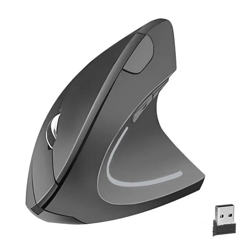 Wired black optical mouse with ergonomic handheld shape, six buttons, four-way scroll wheel, and USB cable on a desk