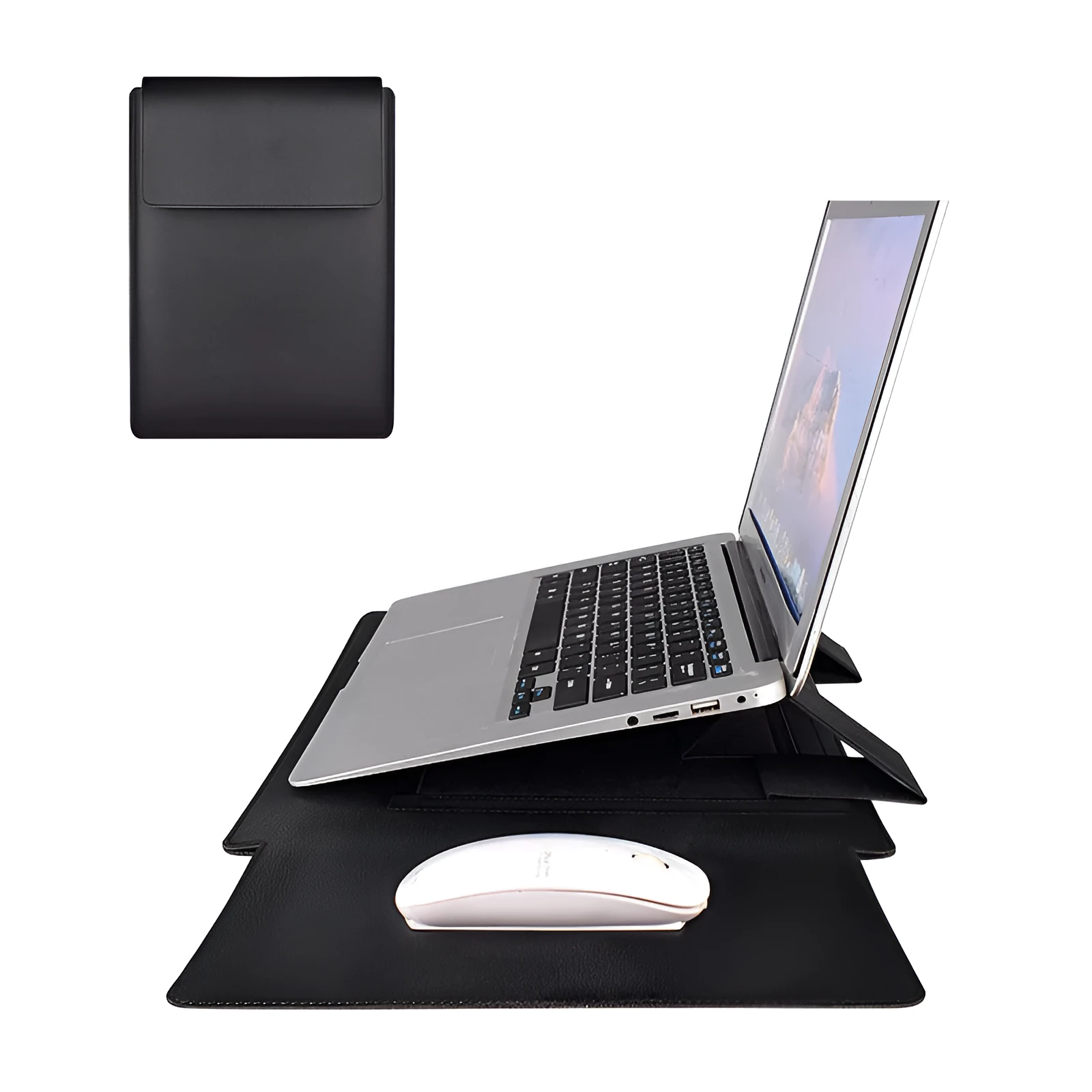 Imitation leather clamshell laptop sleeve for 13.3 and 15.6 inch notebooks in black blue coffee and green