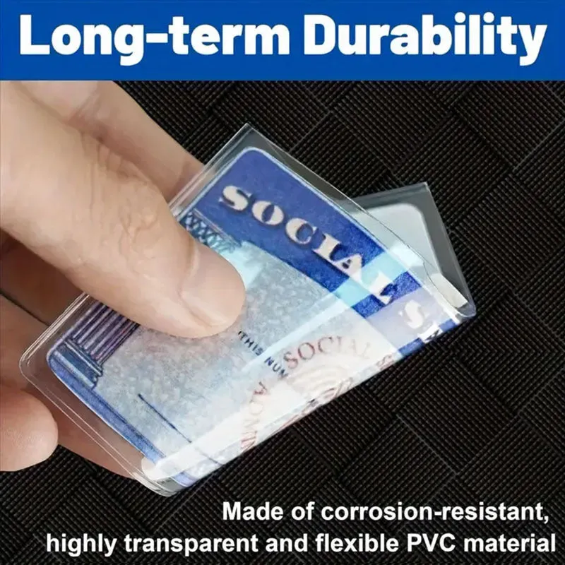 Clear PVC social security card holder measuring 9.7 by 5.9 centimetres, showing an ID card inside.