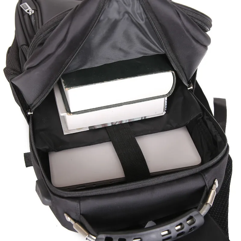 Large men's travel backpack in black with USB port and anti-theft zipper