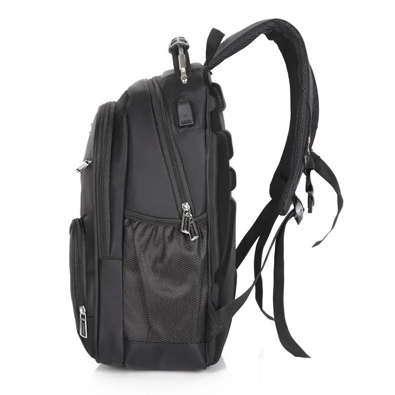 Large men's travel backpack in black with USB port and anti-theft zipper