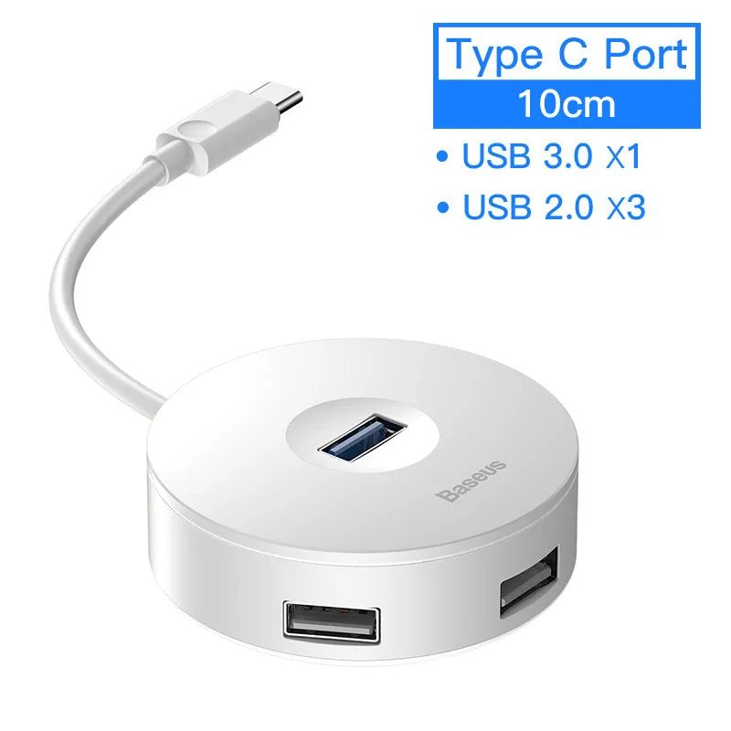 Round USB hub adapter for notebook with black cable and LED indicator for power