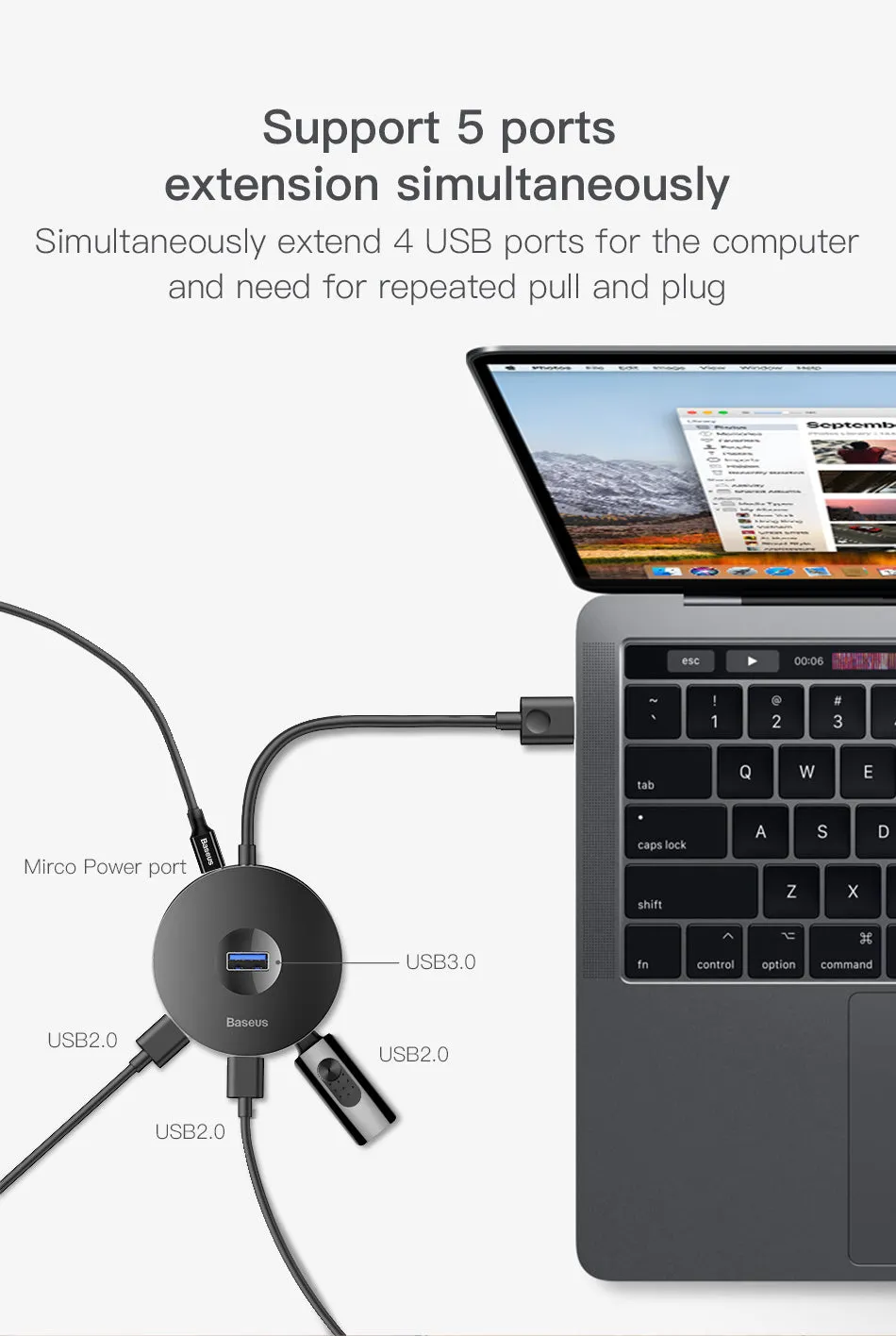 Round USB hub adapter for notebook with black cable and LED indicator for power