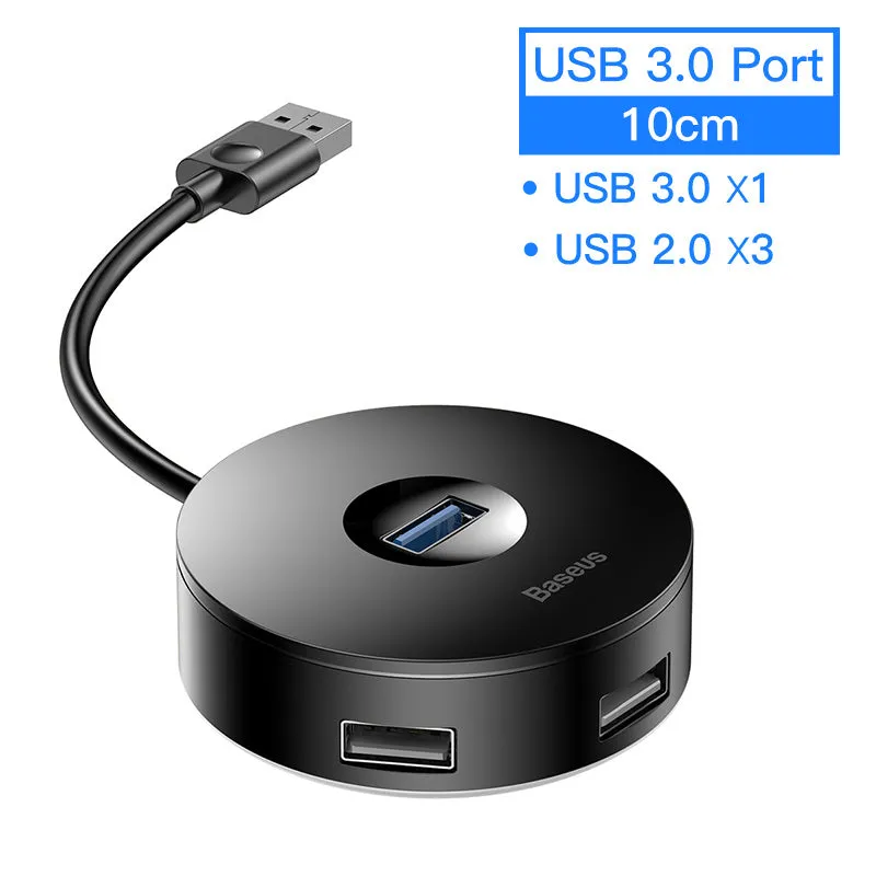 Round USB hub adapter for notebook with black cable and LED indicator for power