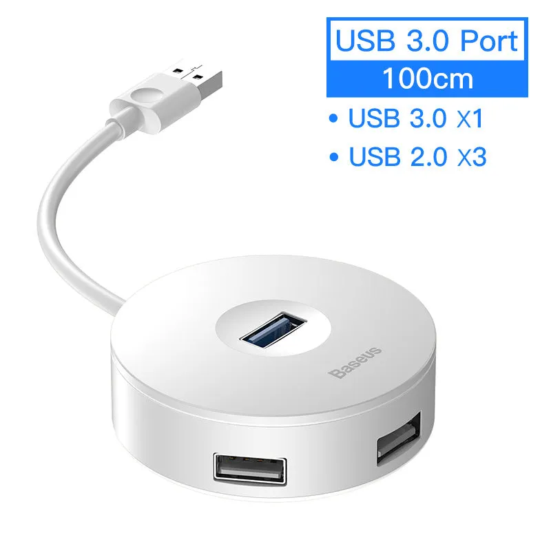 Round USB hub adapter for notebook with black cable and LED indicator for power