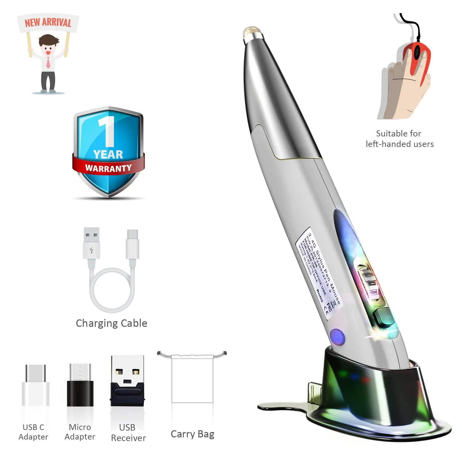 Red wireless pen mouse with vertical grip on white background