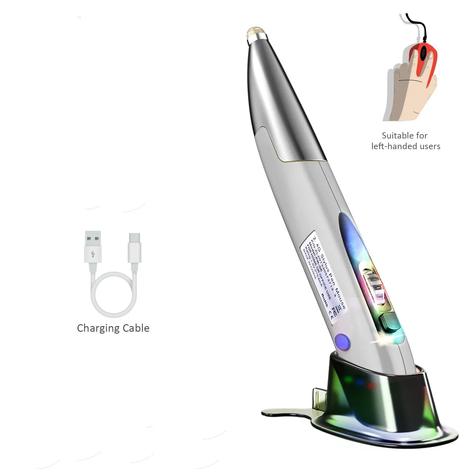 Red wireless pen mouse with vertical grip on white background