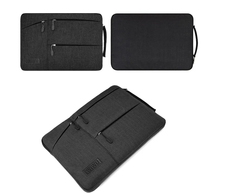 Shockproof portable laptop case in black nylon with zipper closure and interior pockets, fits 15.6 inch laptop