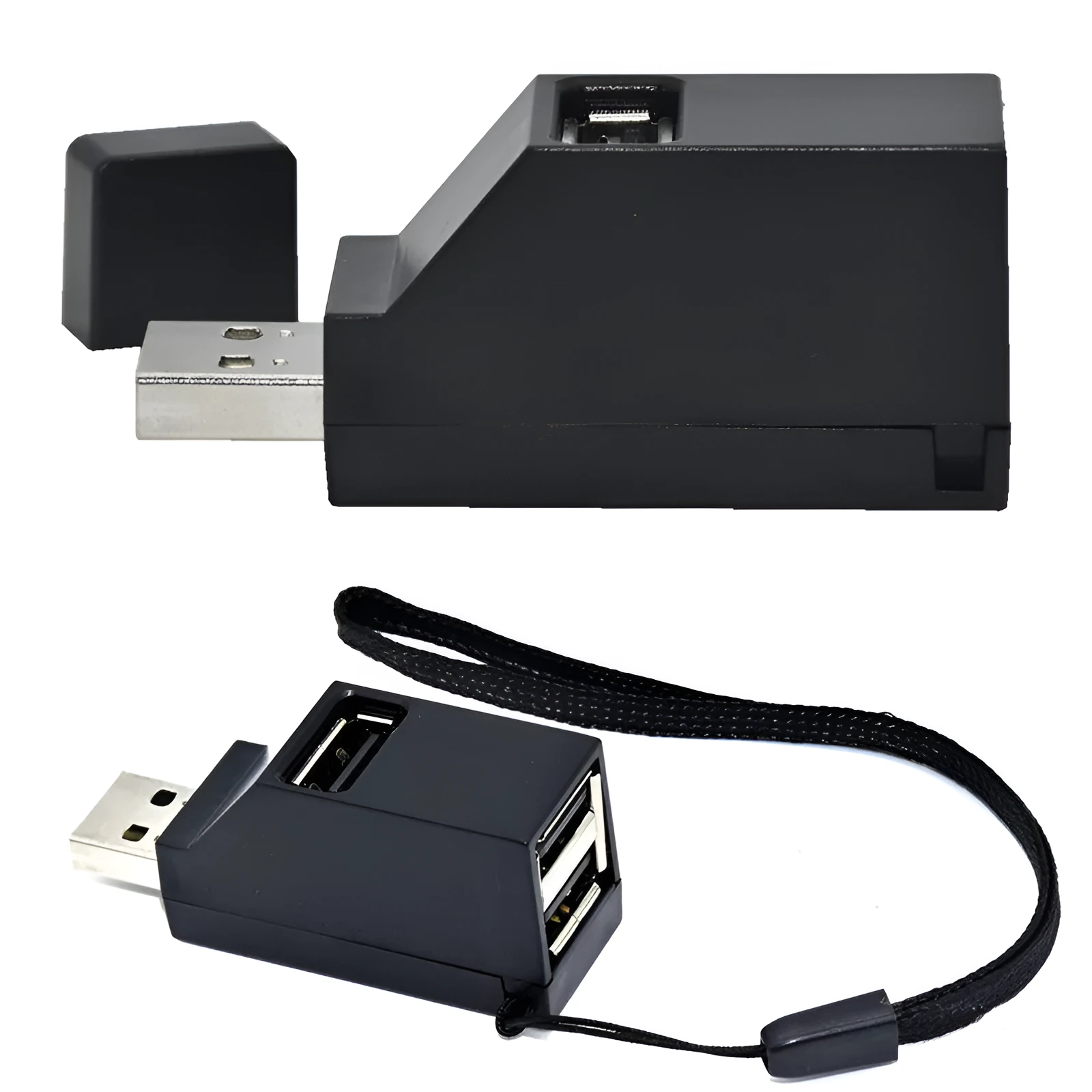 USB 2.0 mini portable splitter hub in black, model xcy-007h, with compact dimensions 5.5cm x 2.2cm x 1.2cm