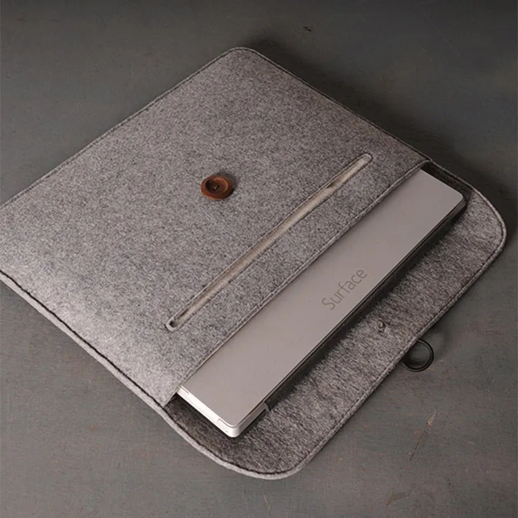 Grey felt laptop bag with padded interior, compatible with 13-inch MacBook and tablet computers