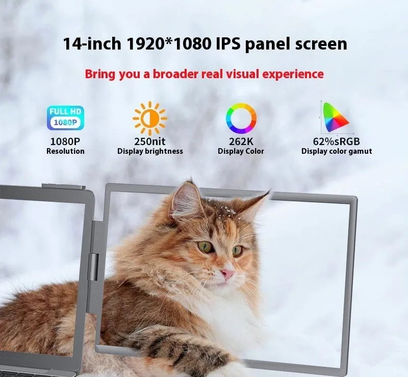 14-inch dual-screen portable monitor with IPS panel and black finish, showing wall-mounted setup for laptop expansion