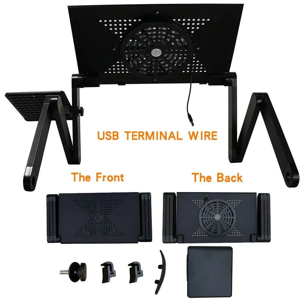 Adjustable black laptop stand desk with mouse pad and USB cooling fan, folded for storage, on a wooden floor