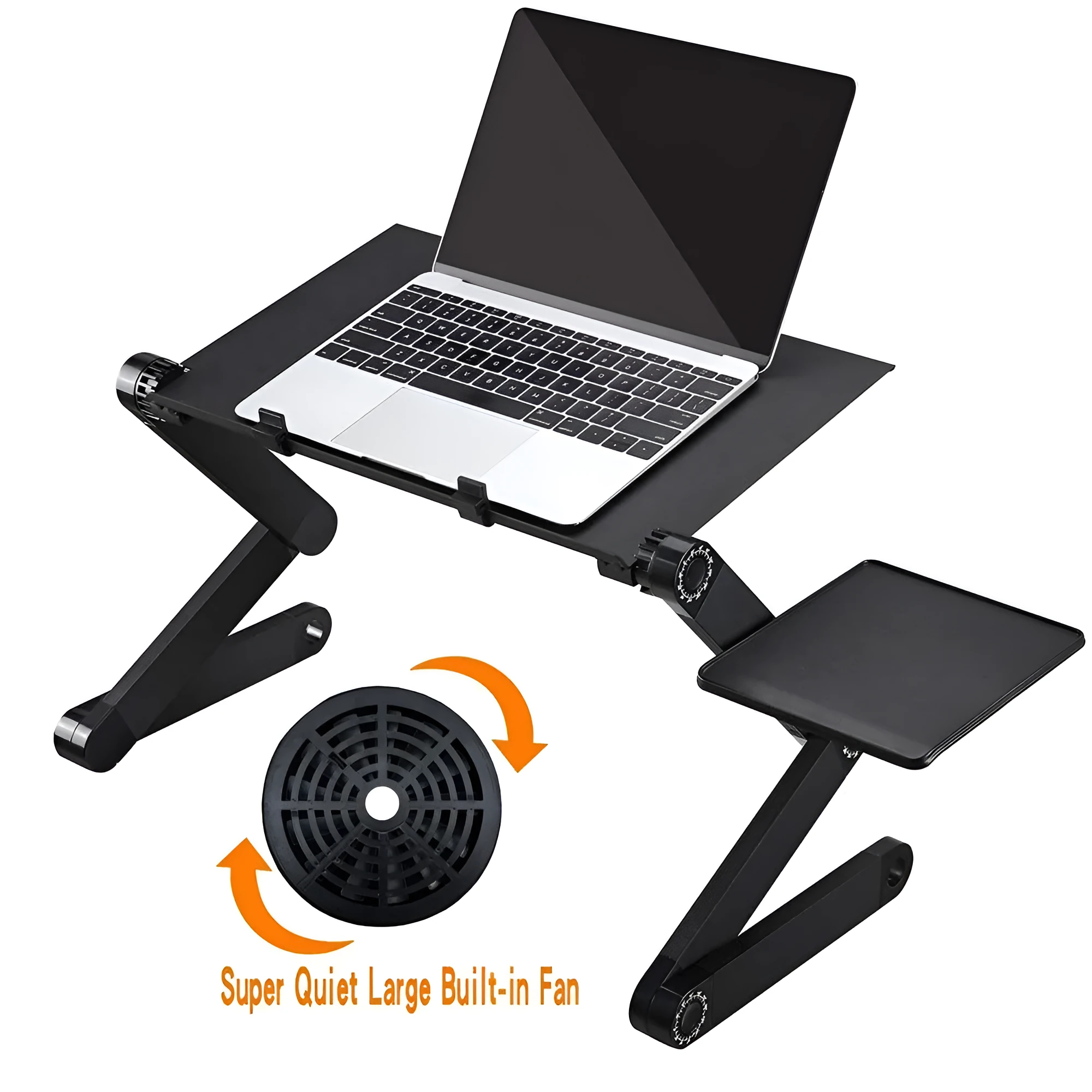 Adjustable black laptop stand desk with mouse pad and USB cooling fan, folded for storage, on a wooden floor