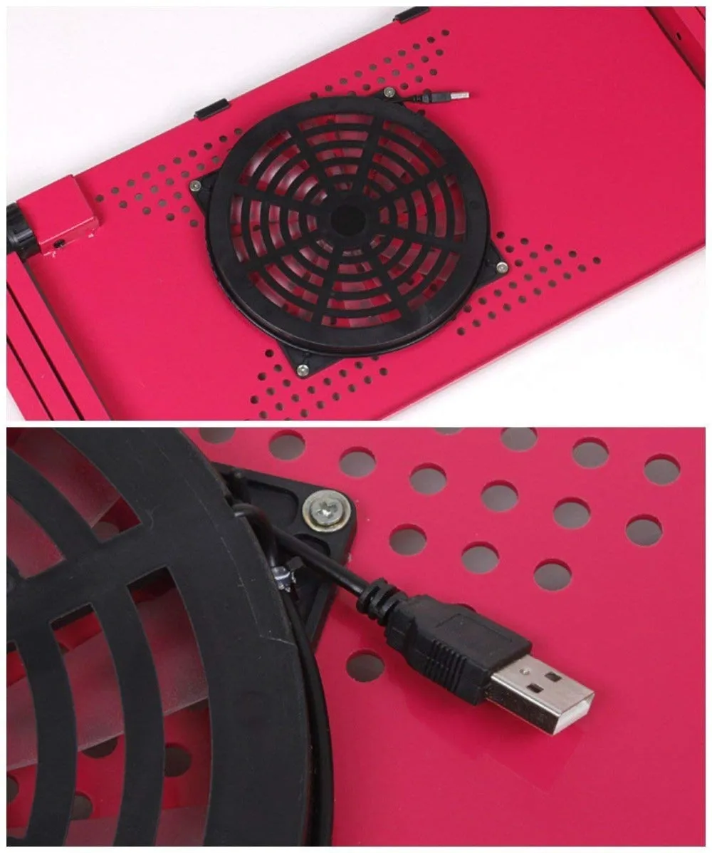 Adjustable black laptop stand desk with mouse pad and USB cooling fan, folded for storage, on a wooden floor