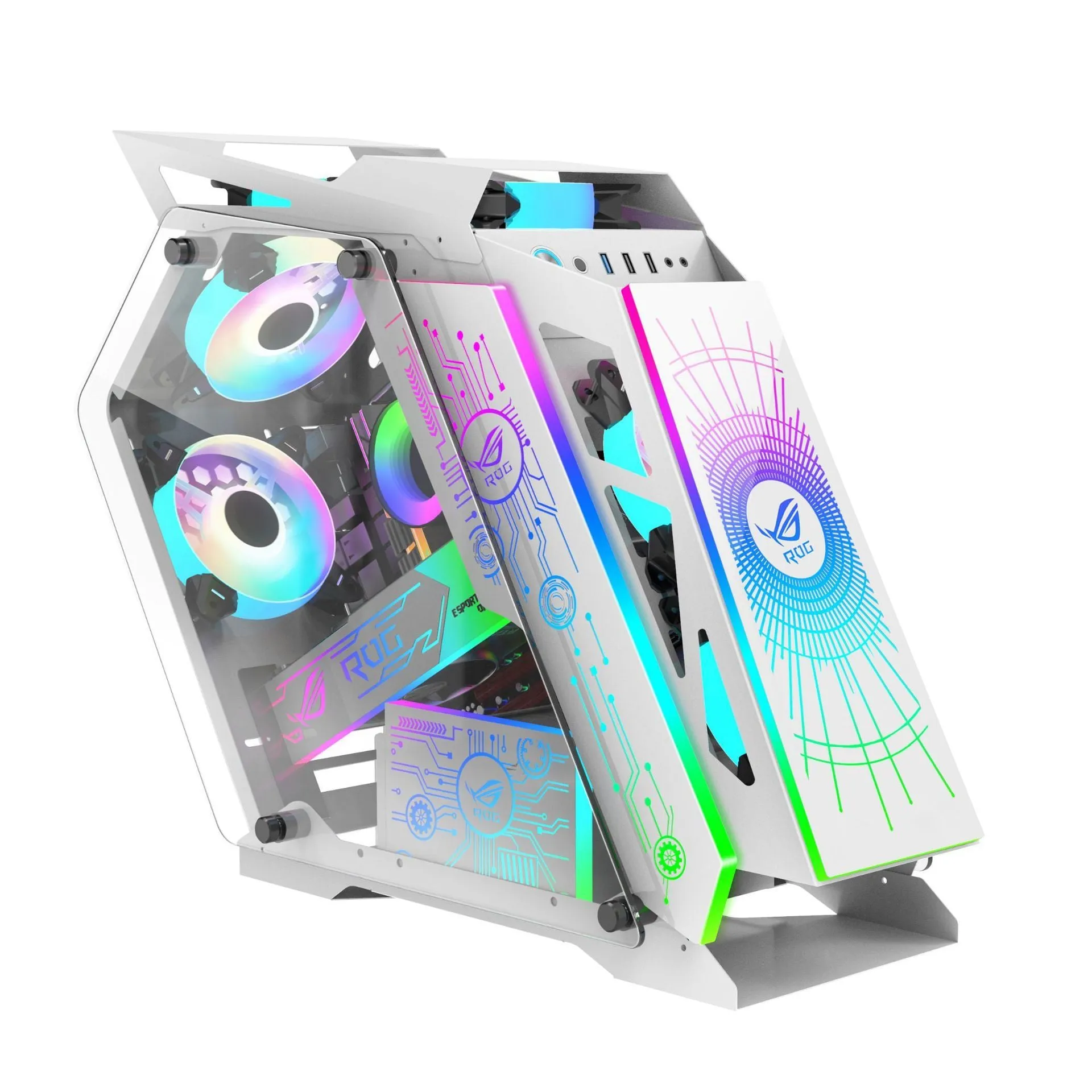 Special-shaped table computer case in bare metal finish with internal RGB fan lighting visible