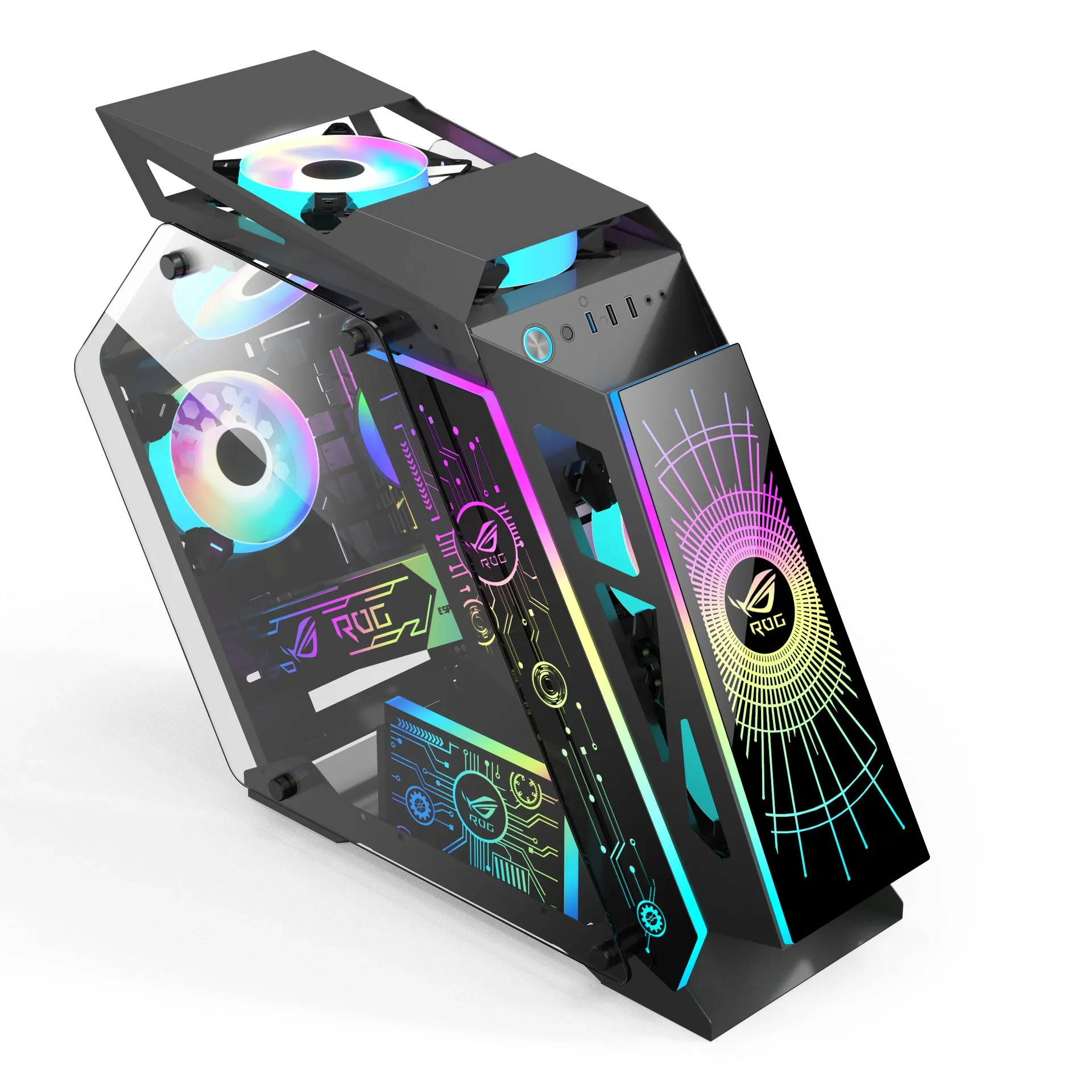 Special-shaped table computer case in bare metal finish with internal RGB fan lighting visible