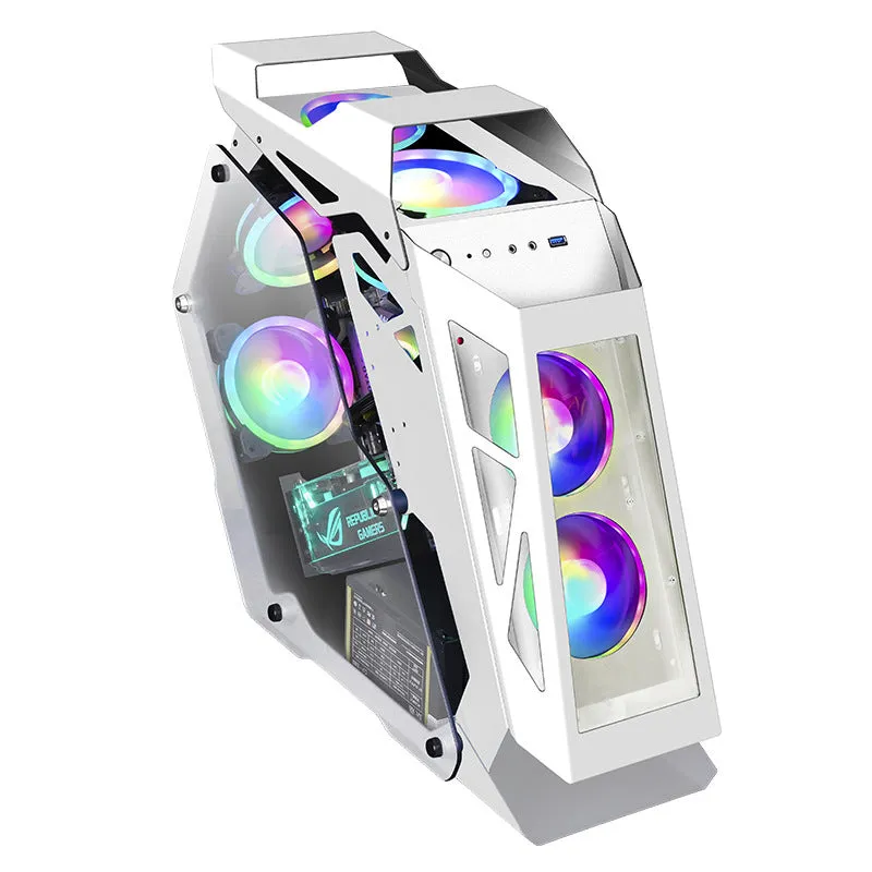Special-shaped table computer case in bare metal finish with internal RGB fan lighting visible