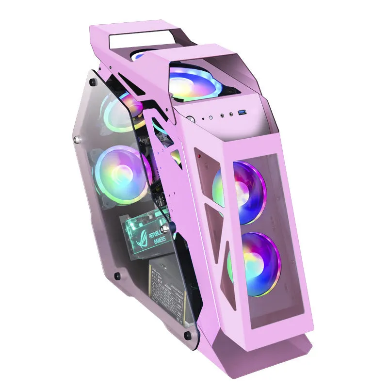Special-shaped table computer case in bare metal finish with internal RGB fan lighting visible