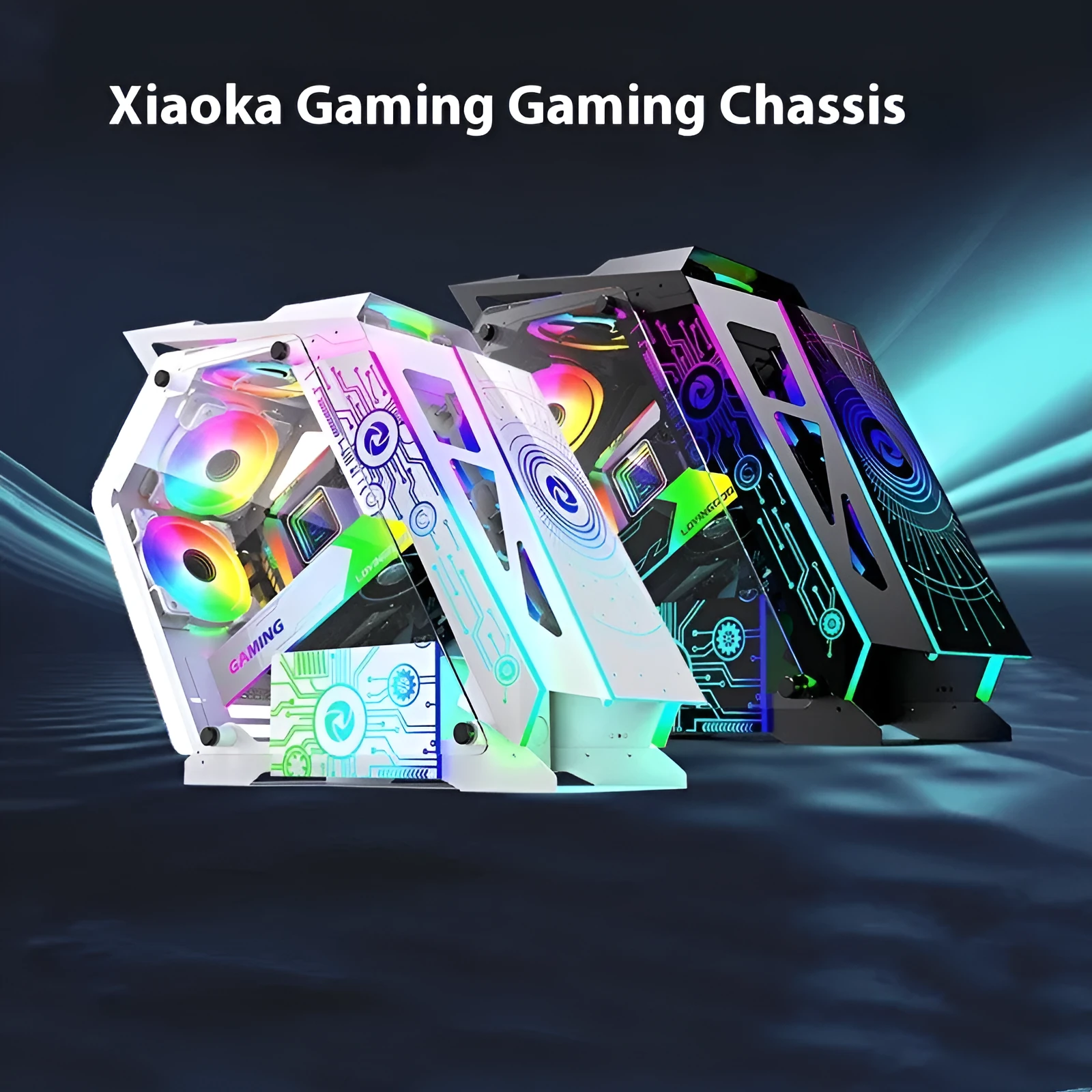 Special-shaped table computer case in bare metal finish with internal RGB fan lighting visible
