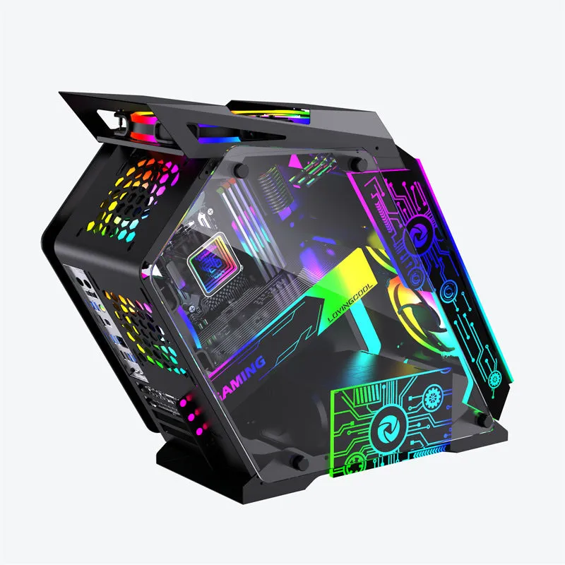 Special-shaped table computer case in bare metal finish with internal RGB fan lighting visible