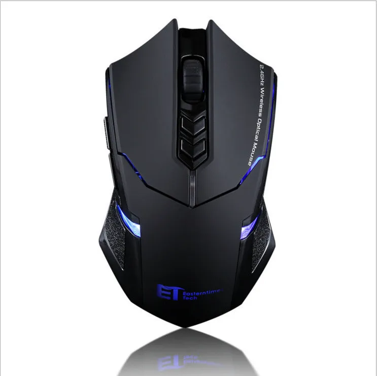 Wireless 2.4GHz gaming mouse with 4000DPI optical sensor, seven buttons, and four-way scroll wheel in black