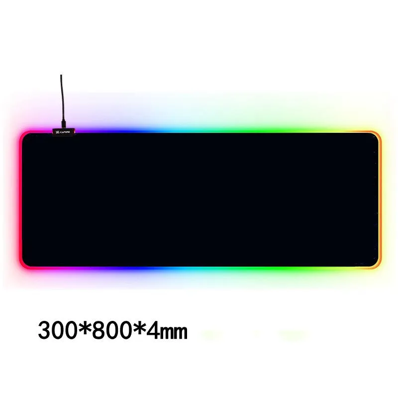 Large RGB gaming mouse pad with waterproof cloth surface and colourful stitched edge, featuring seven style options