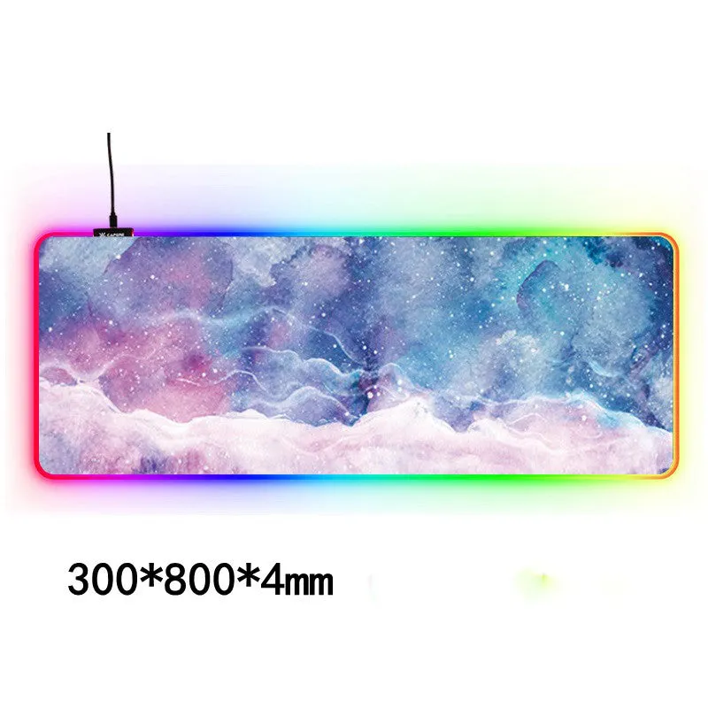 Large RGB gaming mouse pad with waterproof cloth surface and colourful stitched edge, featuring seven style options