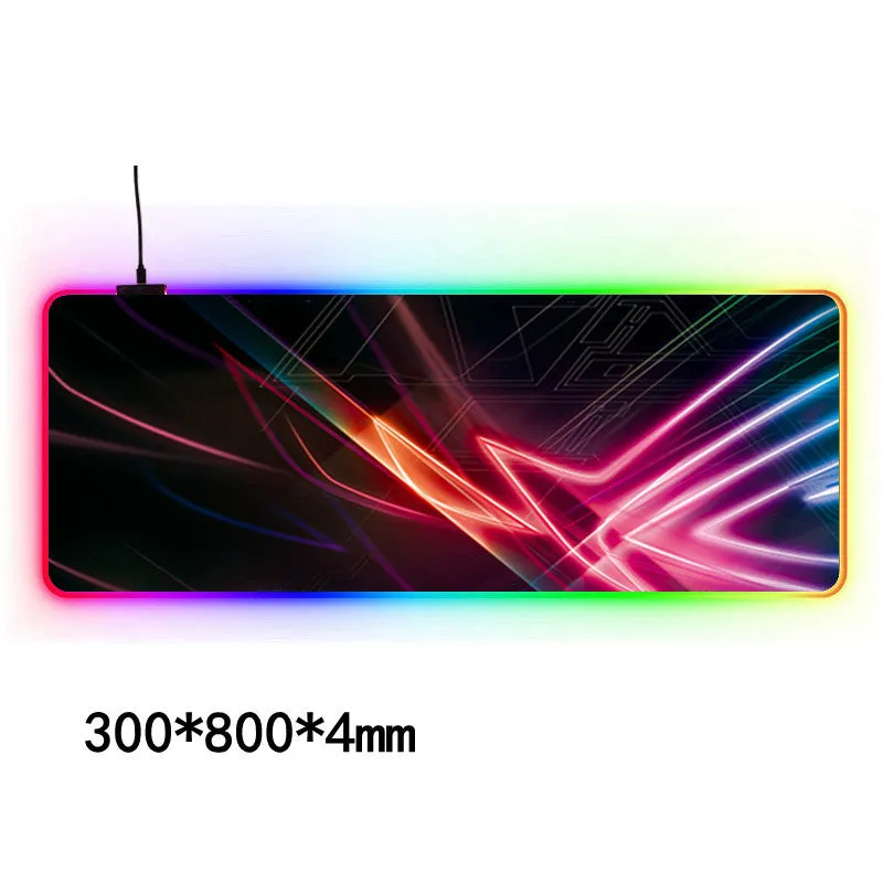 Large RGB gaming mouse pad with waterproof cloth surface and colourful stitched edge, featuring seven style options