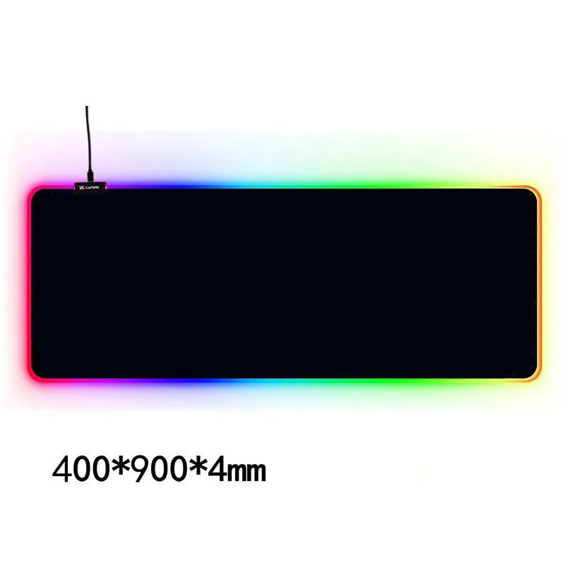 Large RGB gaming mouse pad with waterproof cloth surface and colourful stitched edge, featuring seven style options