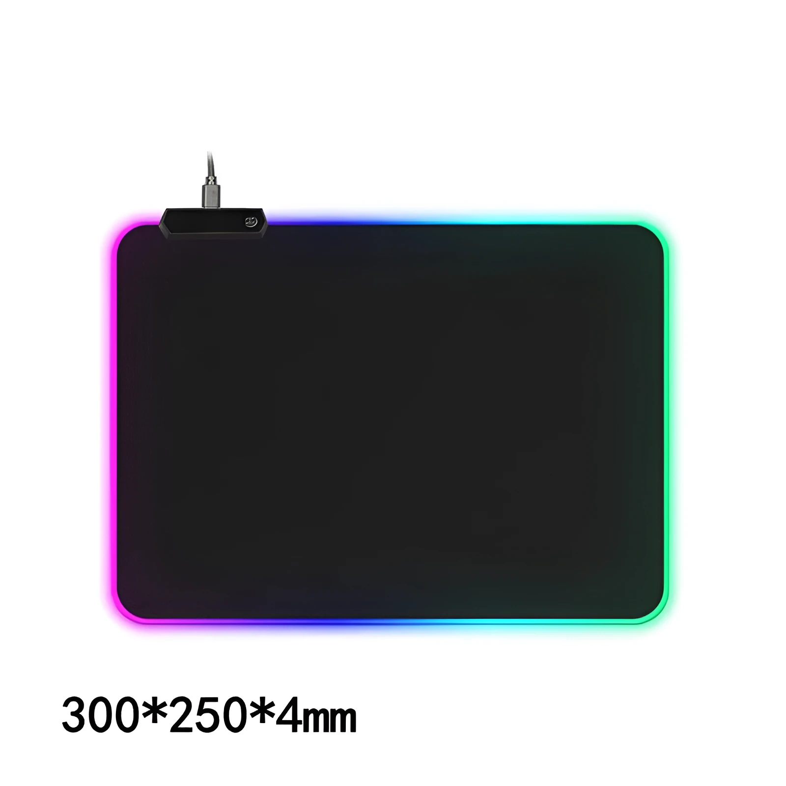 Large RGB gaming mouse pad with waterproof cloth surface and colourful stitched edge, featuring seven style options