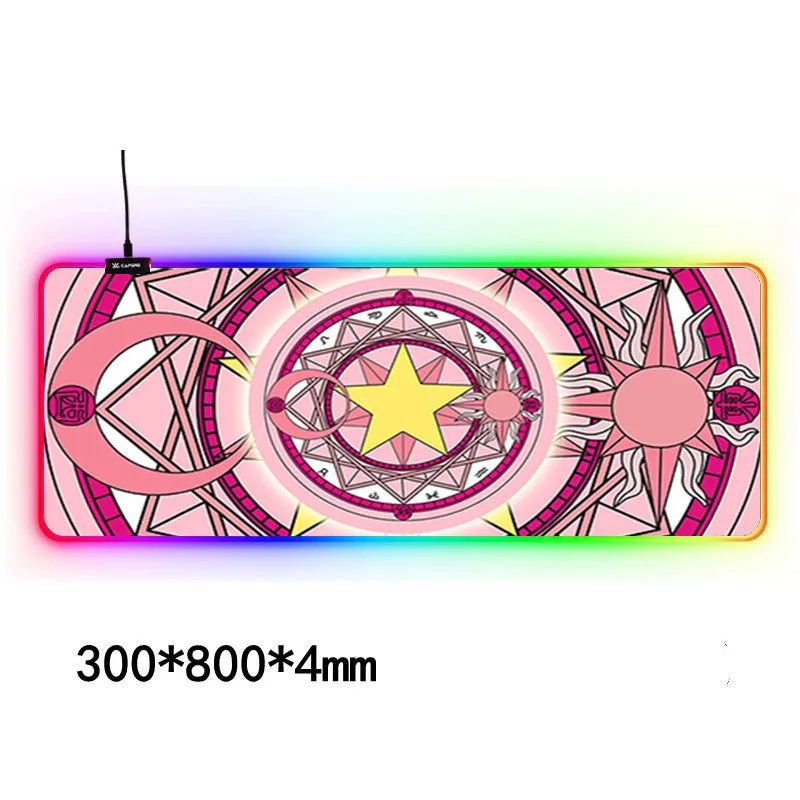 Large RGB gaming mouse pad with waterproof cloth surface and colourful stitched edge, featuring seven style options