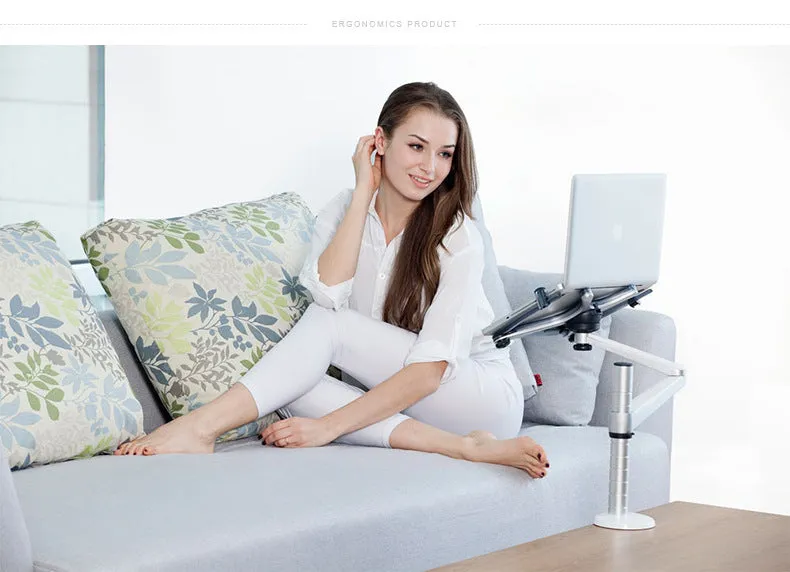 Dual arm laptop stand holder with aluminium alloy arms, laptop and tablet mounted, desktop clamp base