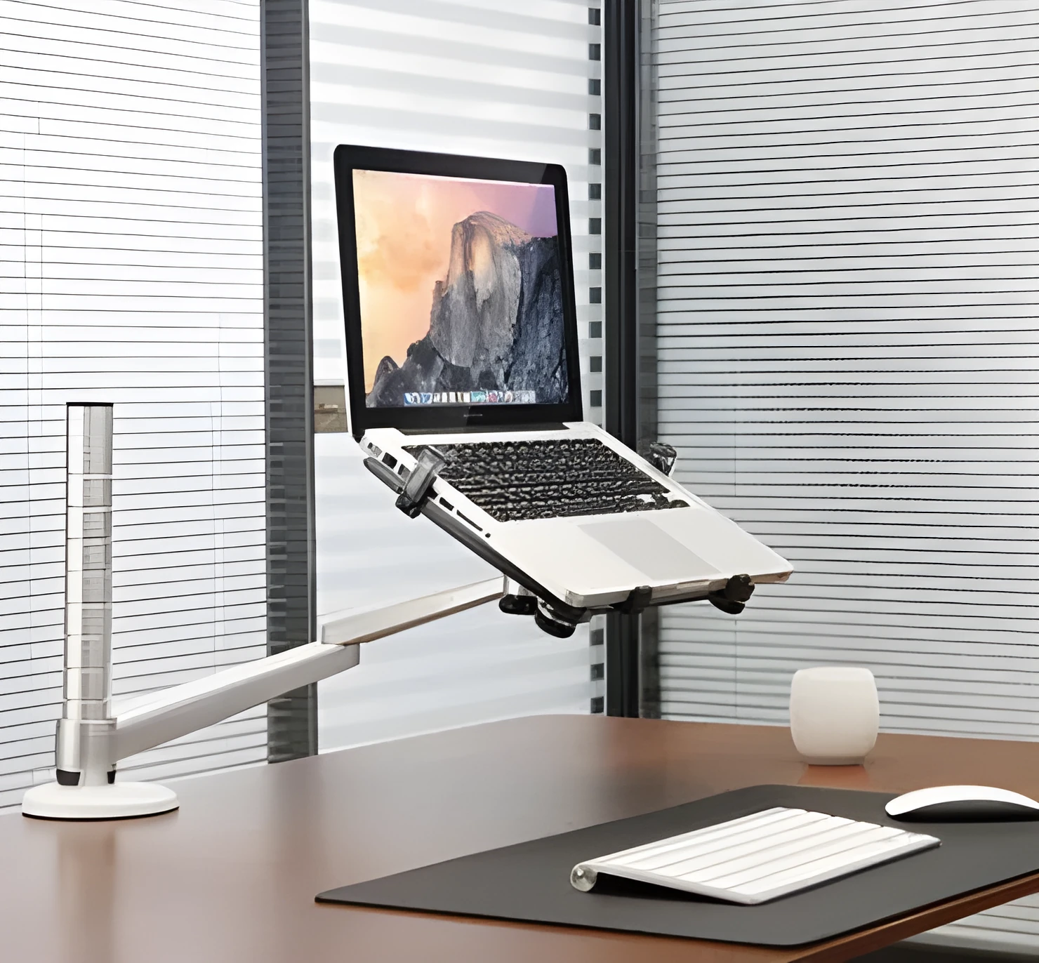 Dual arm laptop stand holder with aluminium alloy arms, laptop and tablet mounted, desktop clamp base