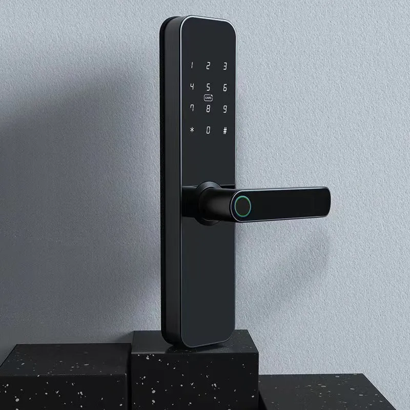 Alloy wooden door fingerprint lock in black with graffiti wifi, keyless entry