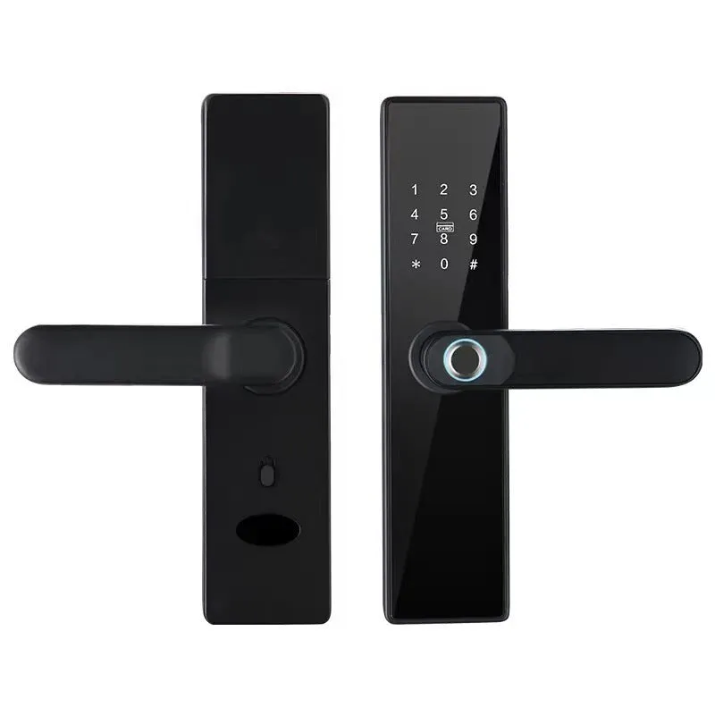 Alloy wooden door fingerprint lock in black with graffiti wifi, keyless entry