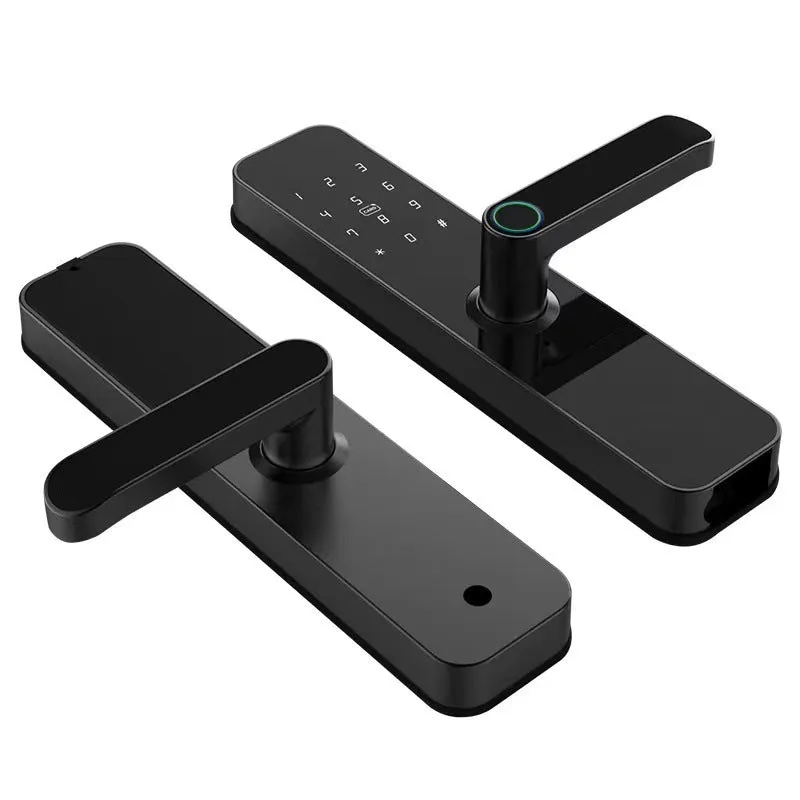 Alloy wooden door fingerprint lock in black with graffiti wifi, keyless entry