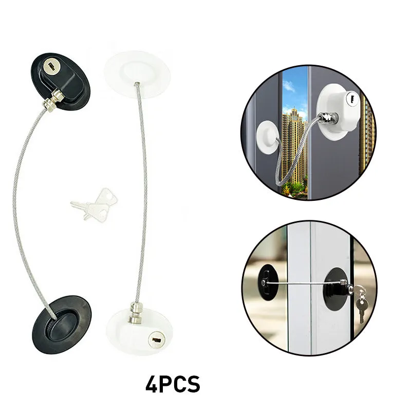 White window security chain lock with steel cable and adhesive base on a window frame