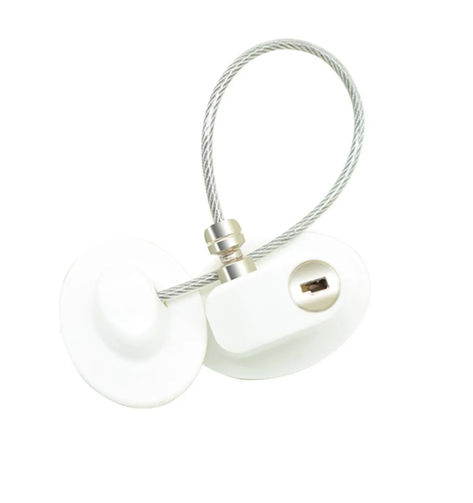 White window security chain lock with steel cable and adhesive base on a window frame