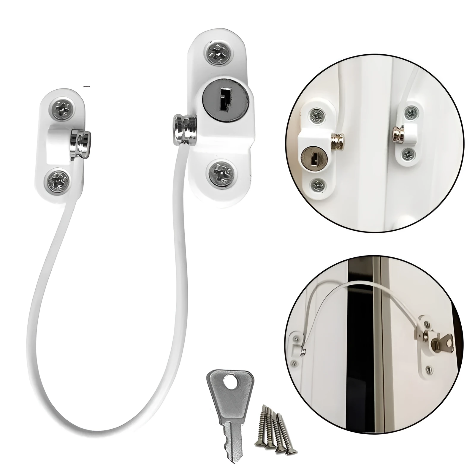 White window security chain lock with steel cable and adhesive base on a window frame