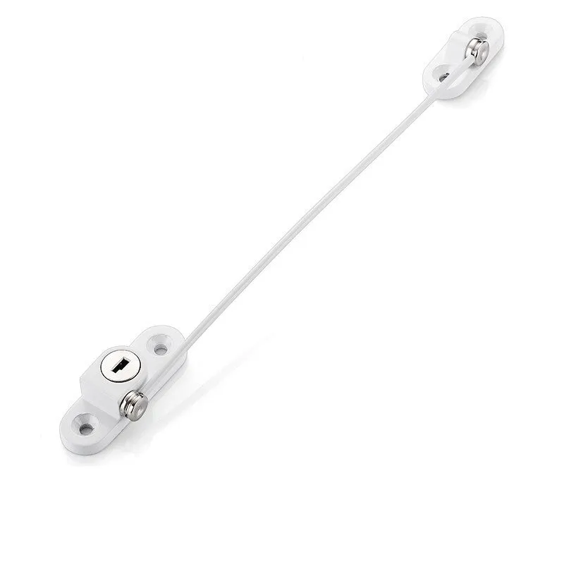 White window security chain lock with steel cable and adhesive base on a window frame