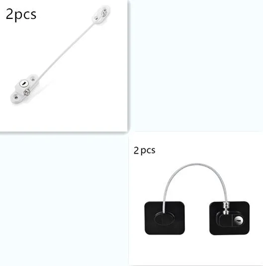 White window security chain lock with steel cable and adhesive base on a window frame