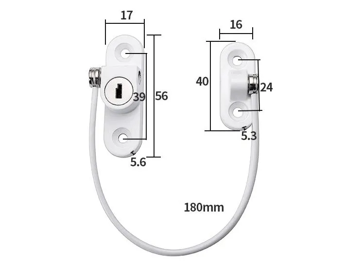 White window security chain lock with steel cable and adhesive base on a window frame