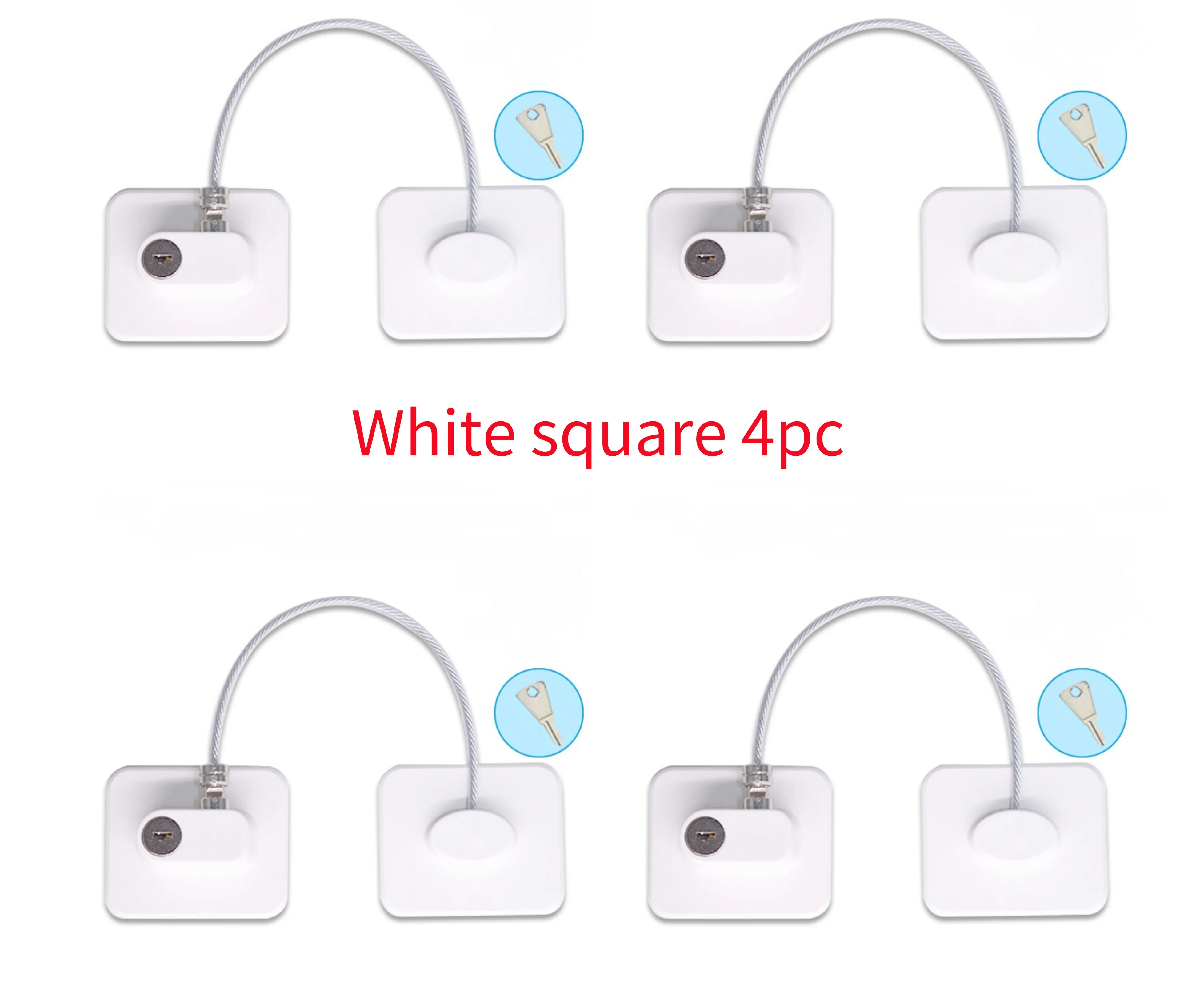 White window security chain lock with steel cable and adhesive base on a window frame