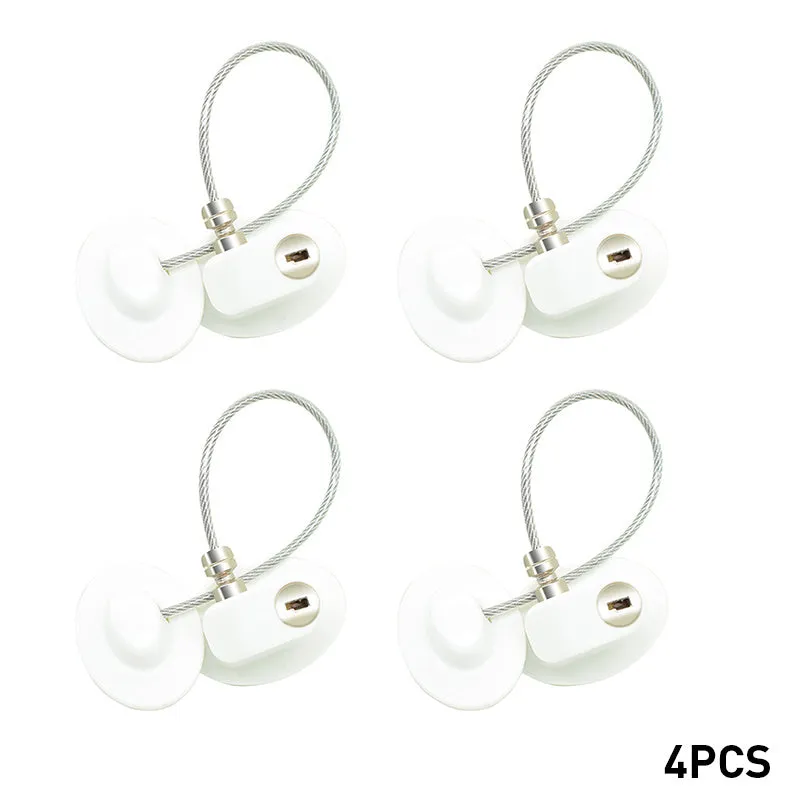 White window security chain lock with steel cable and adhesive base on a window frame