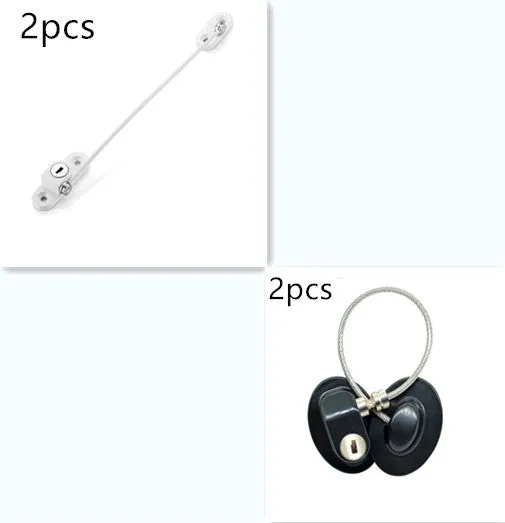 White window security chain lock with steel cable and adhesive base on a window frame