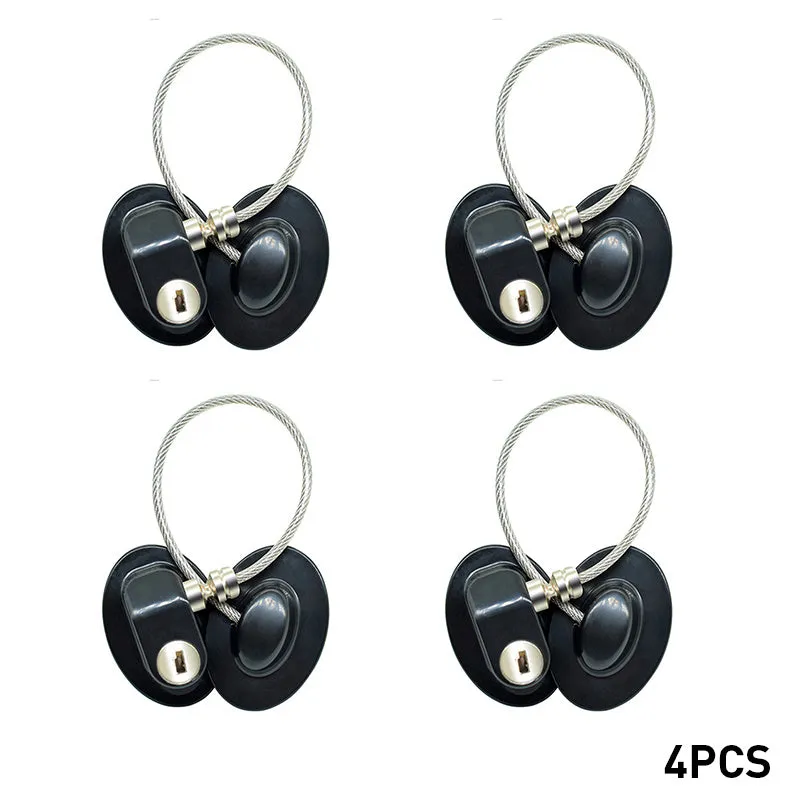 White window security chain lock with steel cable and adhesive base on a window frame