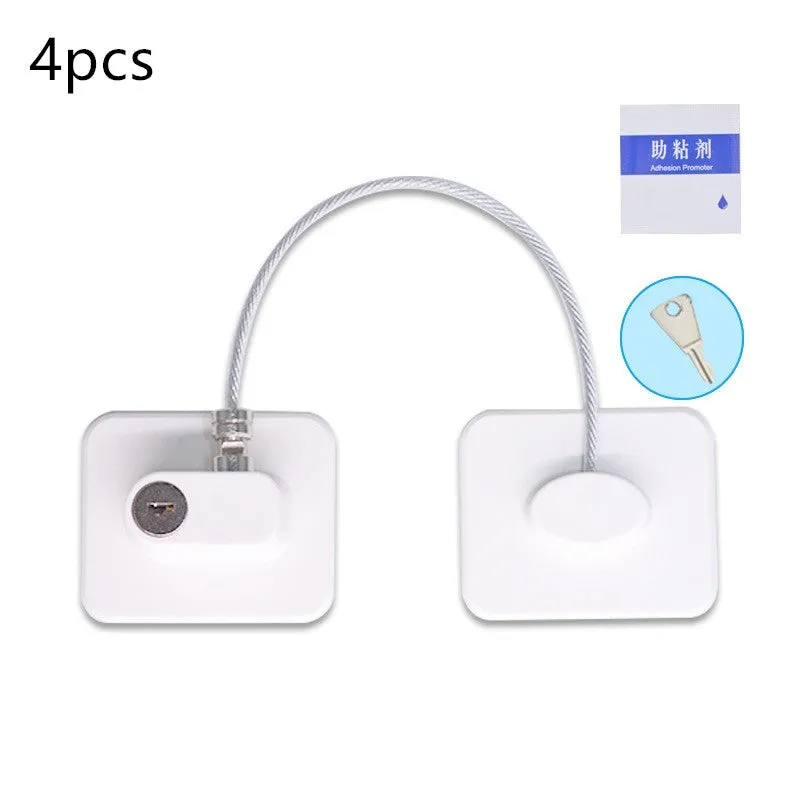 White window security chain lock with steel cable and adhesive base on a window frame