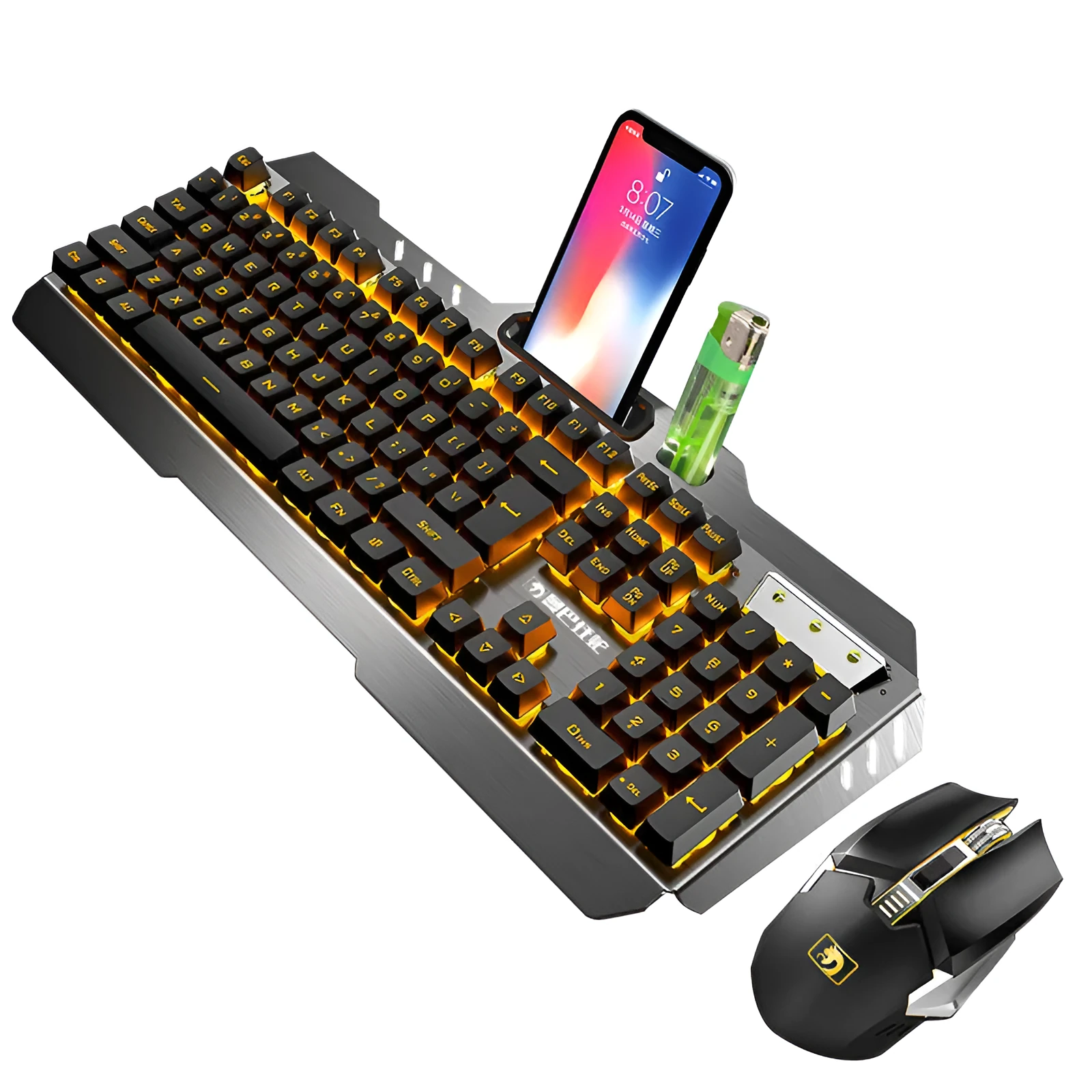 Xinmeng 670 wireless charging keyboard and mouse set with luminous backlight in black and orange colour